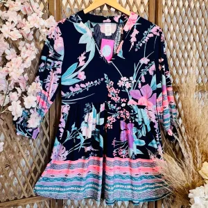 Navy Background Floral Top w/ Light Blue and Pink