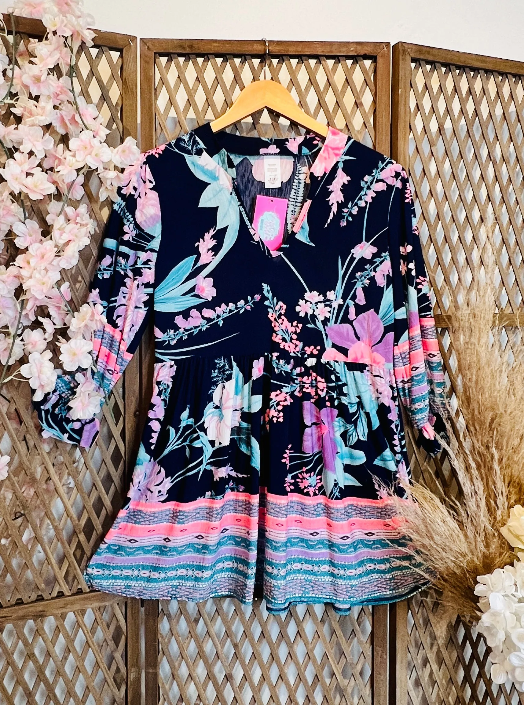 Navy Background Floral Top w/ Light Blue and Pink