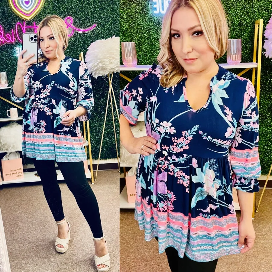 Navy Background Floral Top w/ Light Blue and Pink