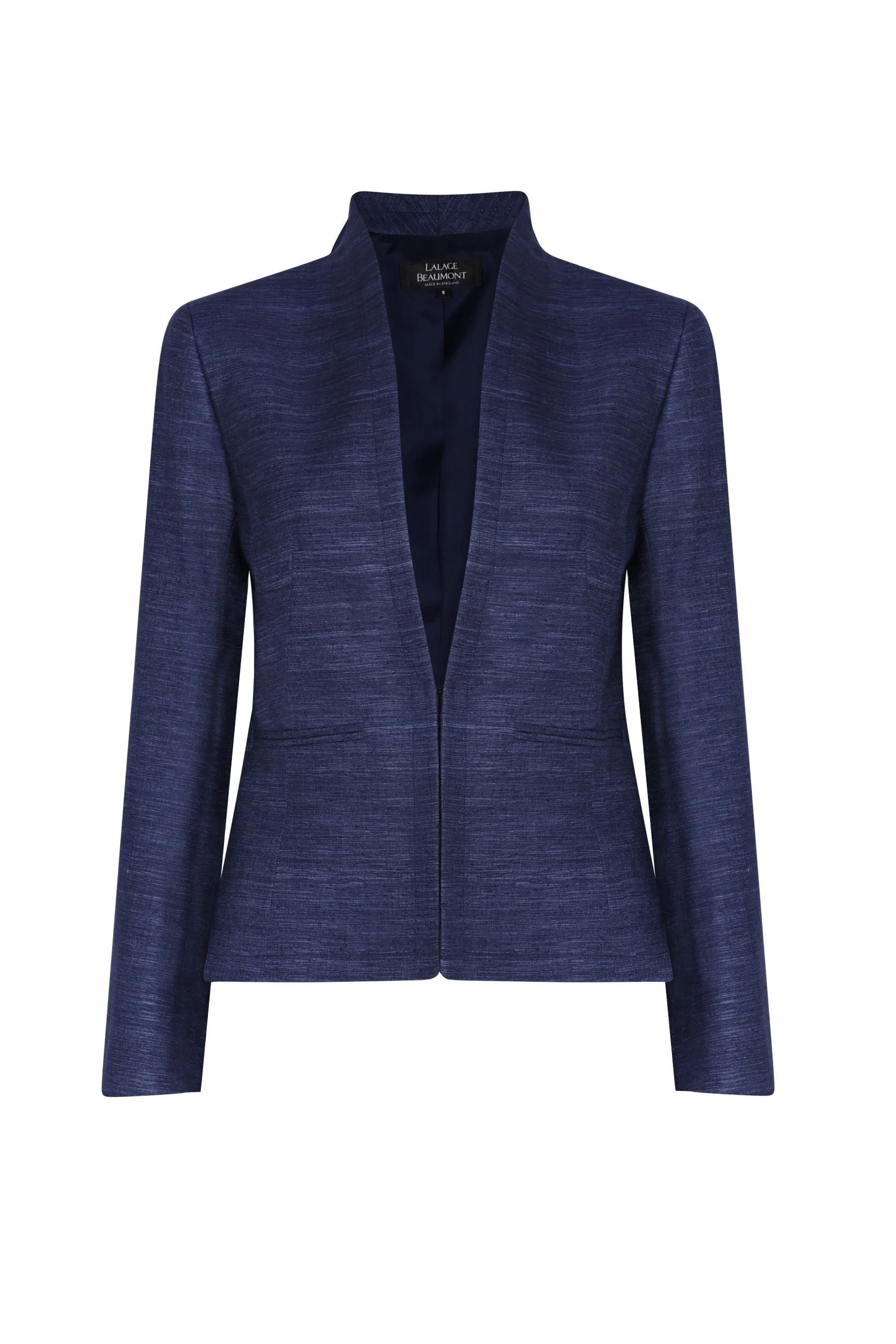 Navy Silk Jacket with Stand Collar and Edge to Edge Fastening - Diana