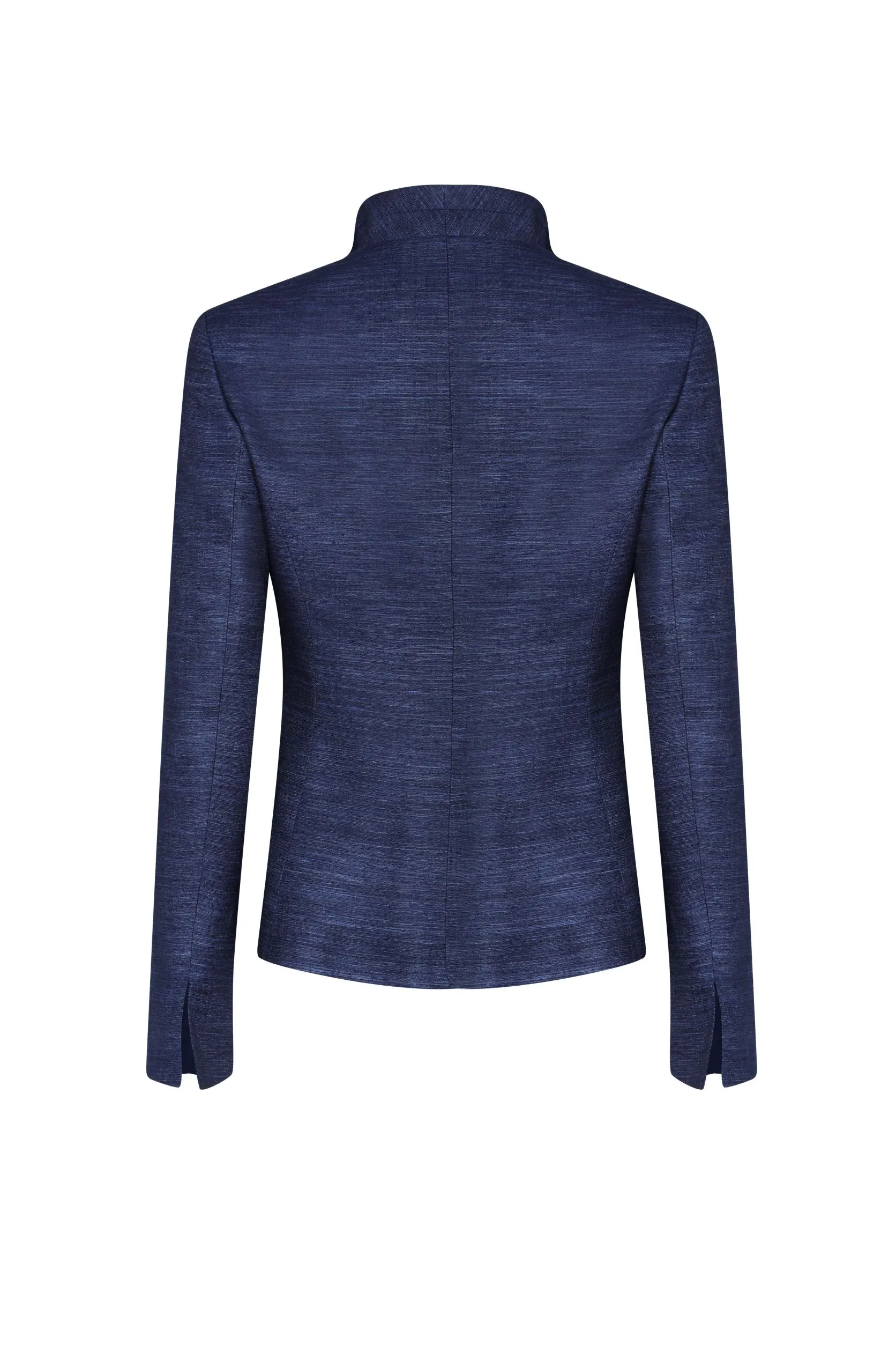 Navy Silk Jacket with Stand Collar and Edge to Edge Fastening - Diana