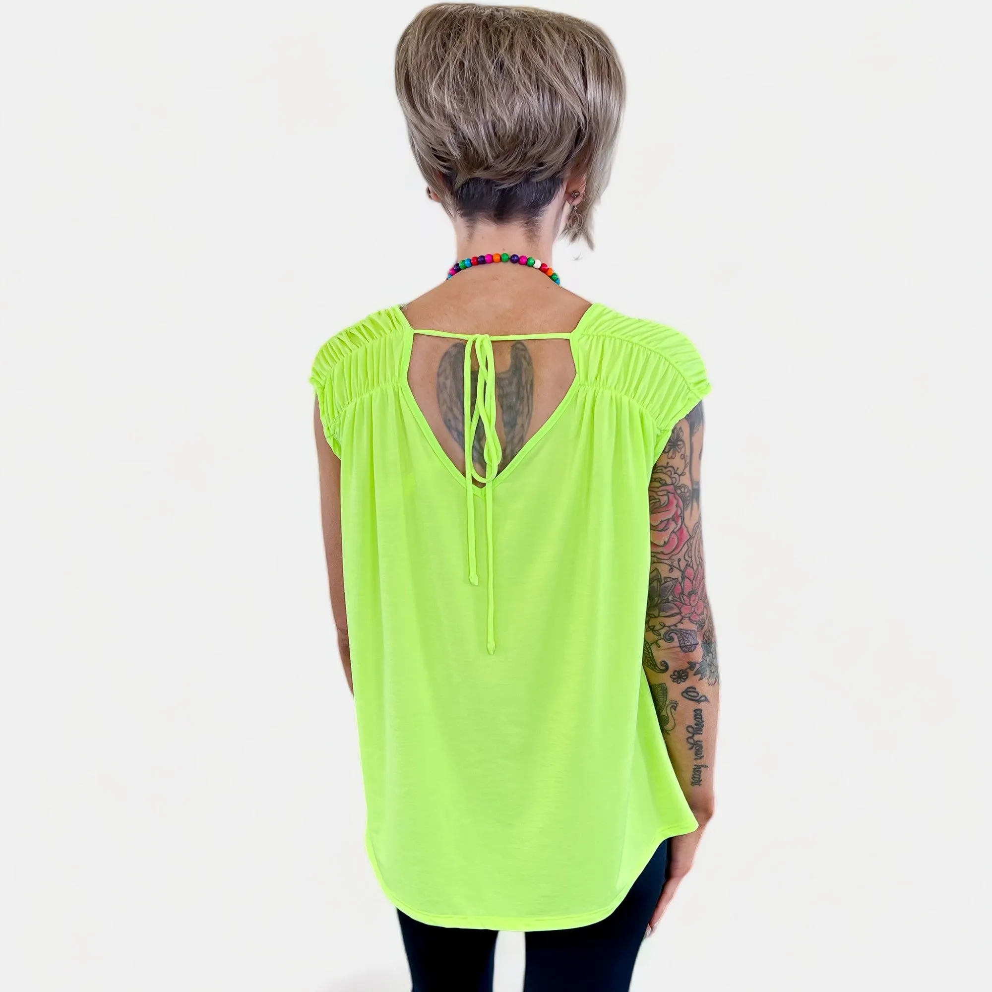 Neon Green V Neck Tie Back Top [NO RETURNS]