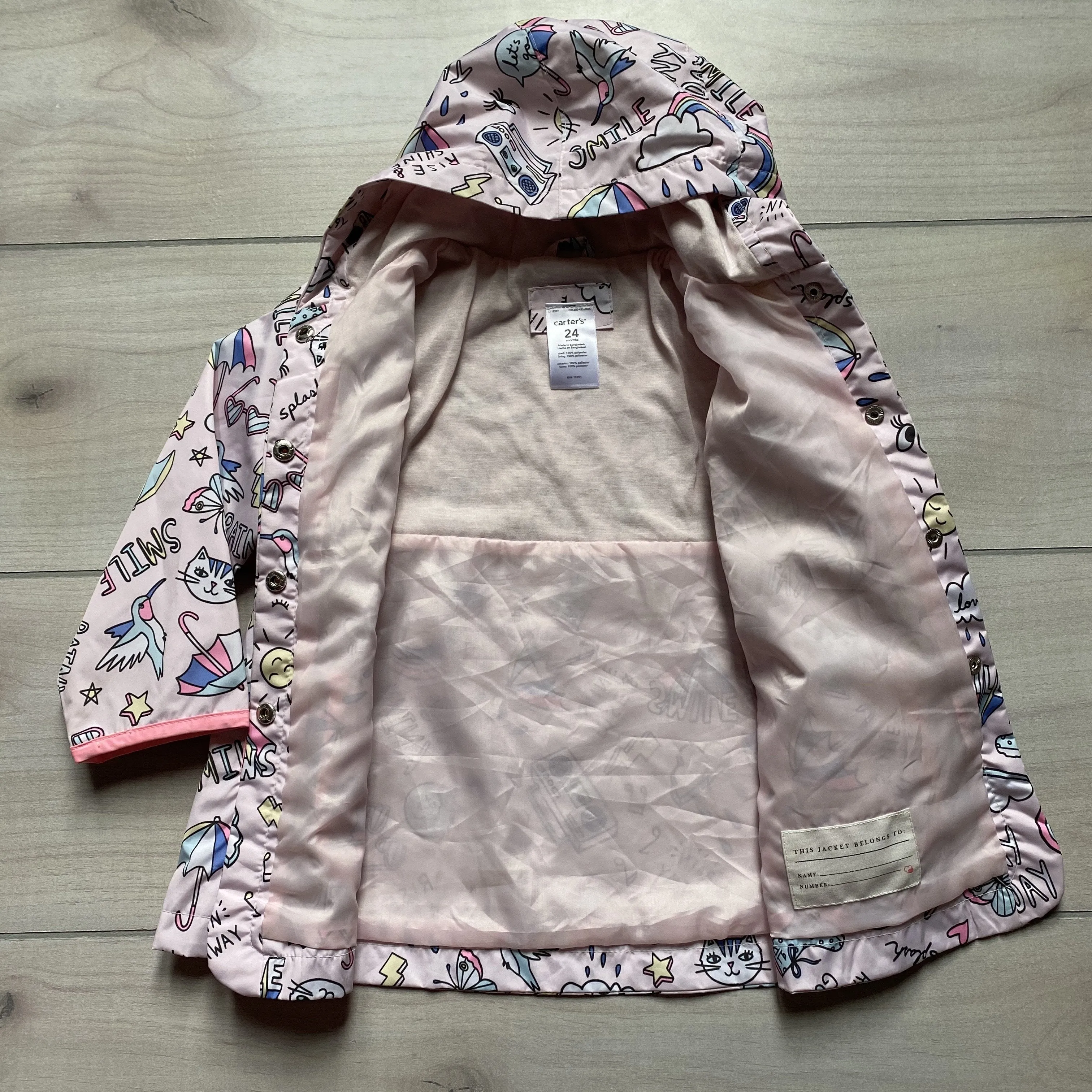 NEW Carter' Pink Cat Sayings Snap Raincoat