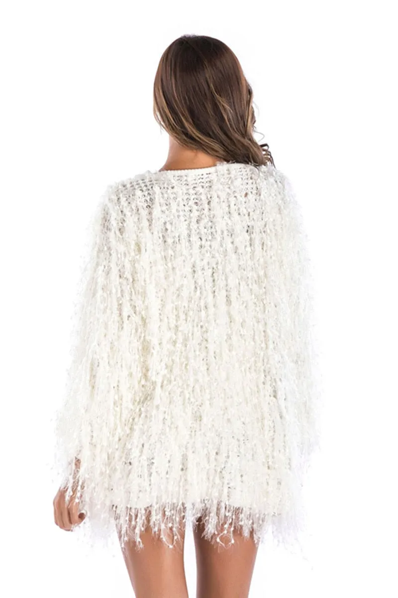 Off White Shaggy Jacket Furry Fluffy Soft Shag Festival Cardigan Wrap One Size