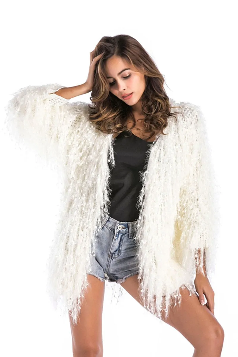 Off White Shaggy Jacket Furry Fluffy Soft Shag Festival Cardigan Wrap One Size