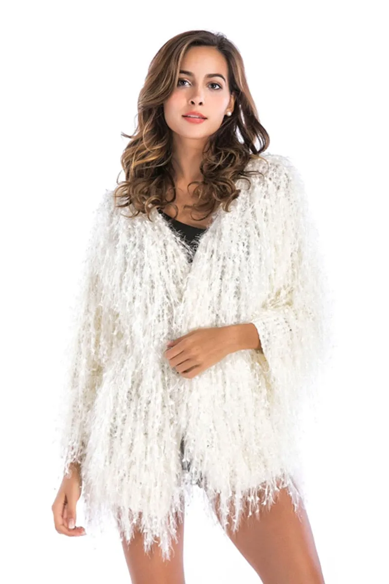 Off White Shaggy Jacket Furry Fluffy Soft Shag Festival Cardigan Wrap One Size