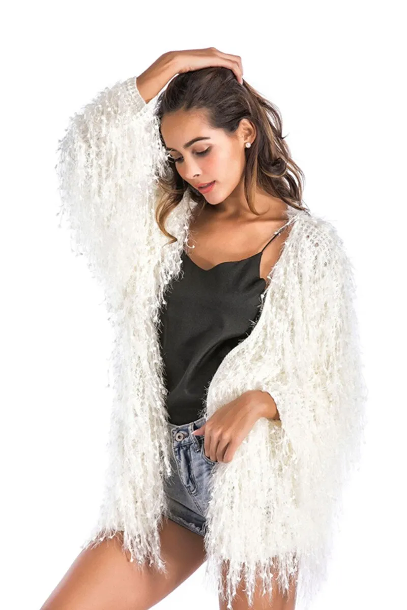 Off White Shaggy Jacket Furry Fluffy Soft Shag Festival Cardigan Wrap One Size