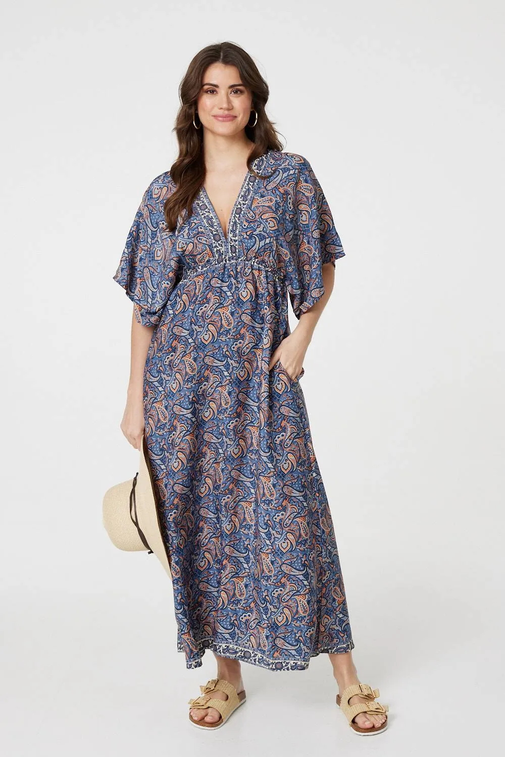 Paisley Print Kimono Sleeve Midi Dress