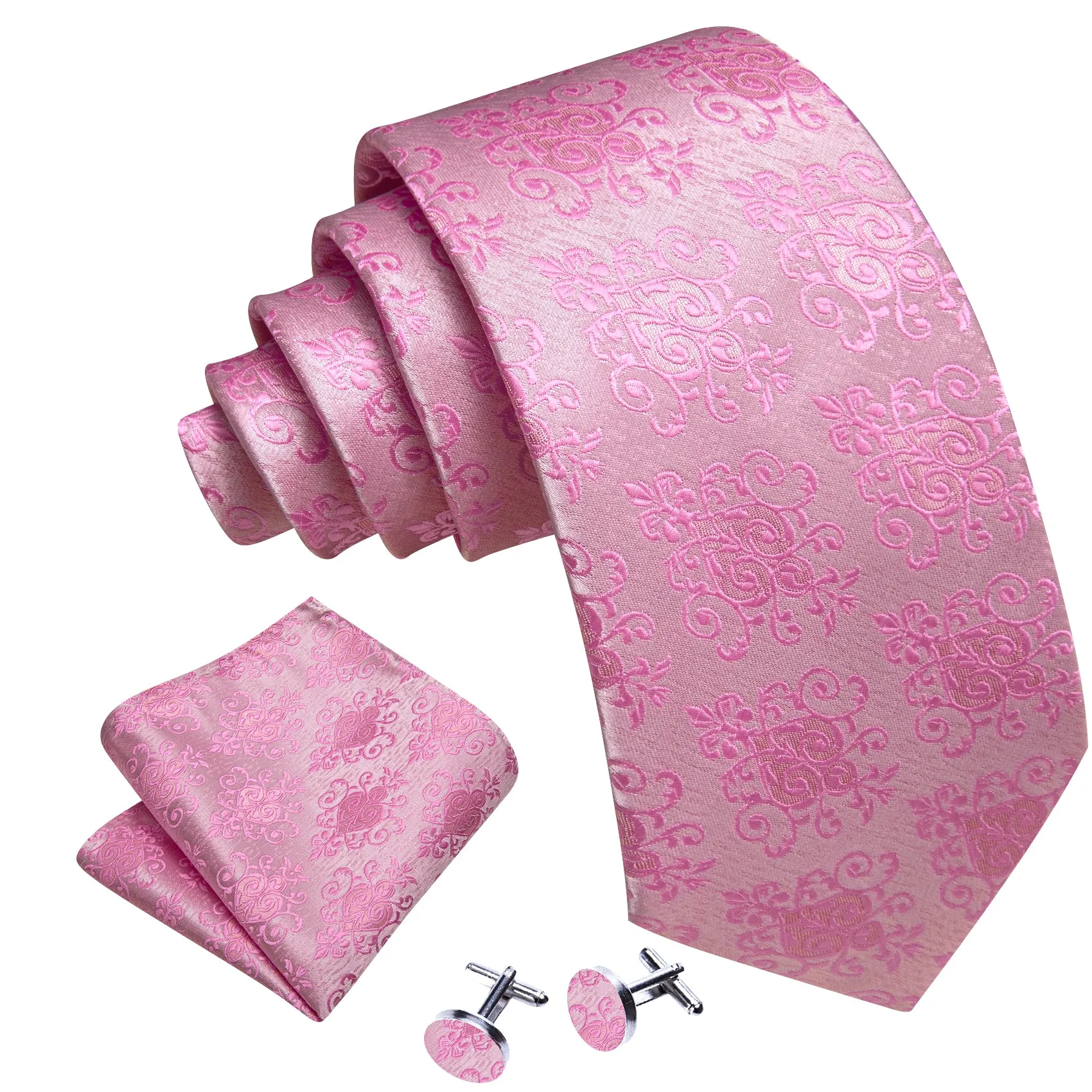 Petal Pink Floral Men's Necktie Pocket Square Cufflinks Set