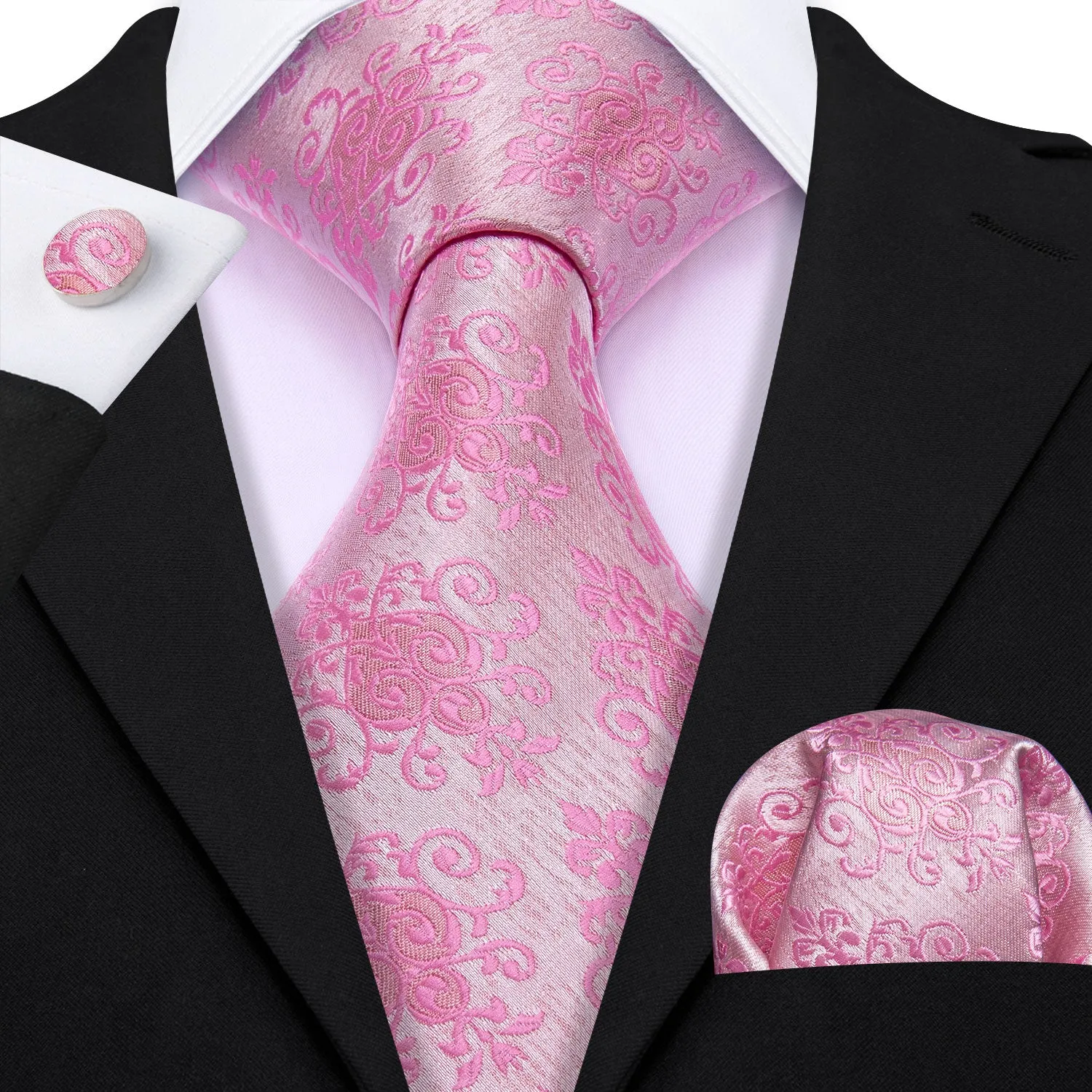 Petal Pink Floral Men's Necktie Pocket Square Cufflinks Set