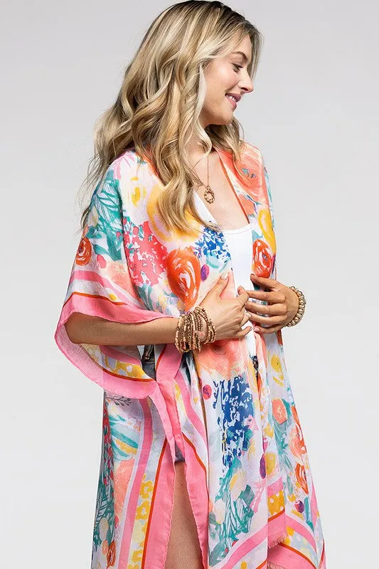 Pink Floral Print Contrast Border Spring Summer Kimono Open Wrap Coverup Top