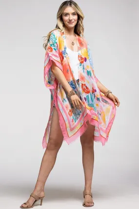 Pink Floral Print Contrast Border Spring Summer Kimono Open Wrap Coverup Top