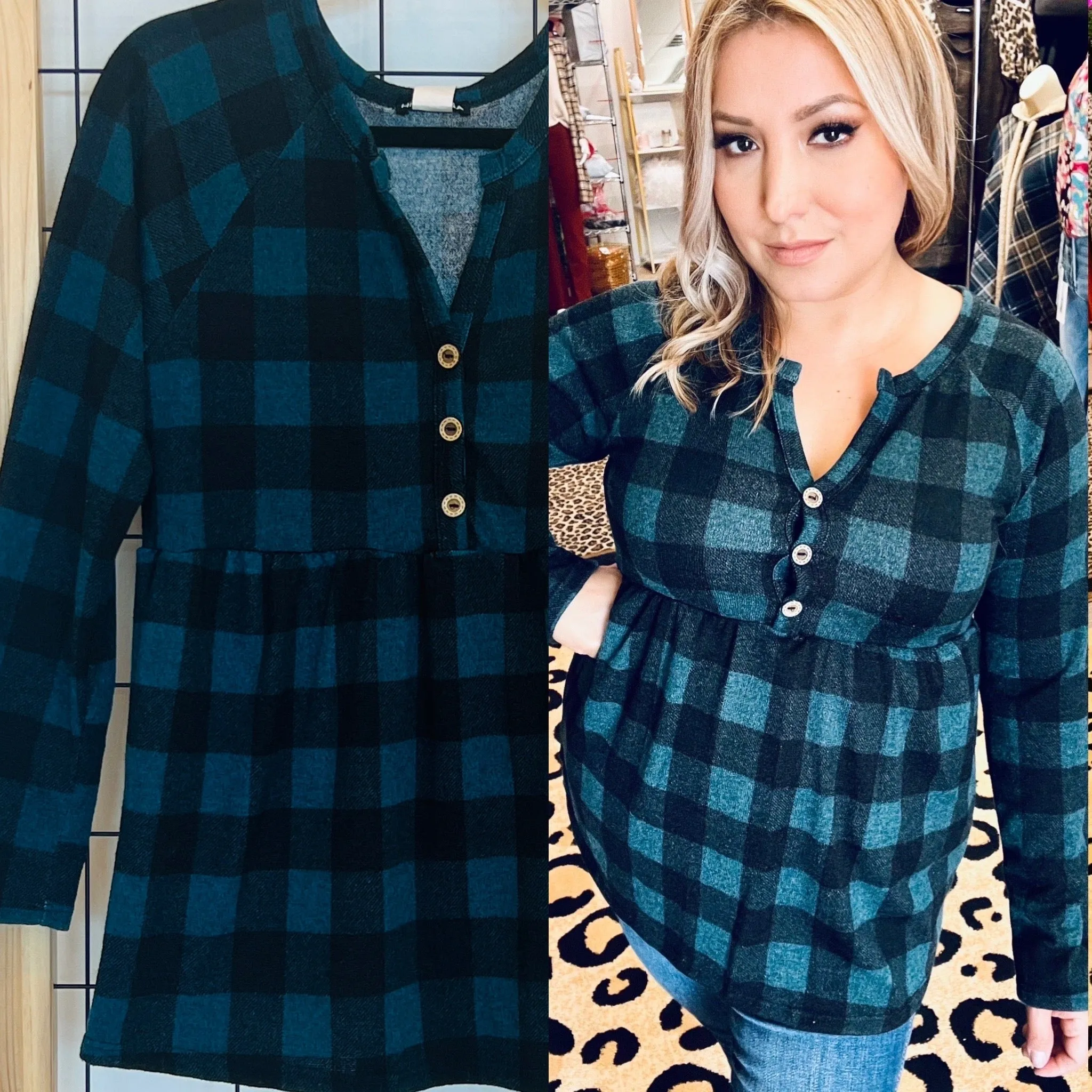 Plaid Baby Doll Top: Blue and Black