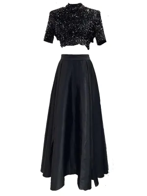 Pre Order:  Sequins Cropped Top   Wide Slit Long Skirt Set