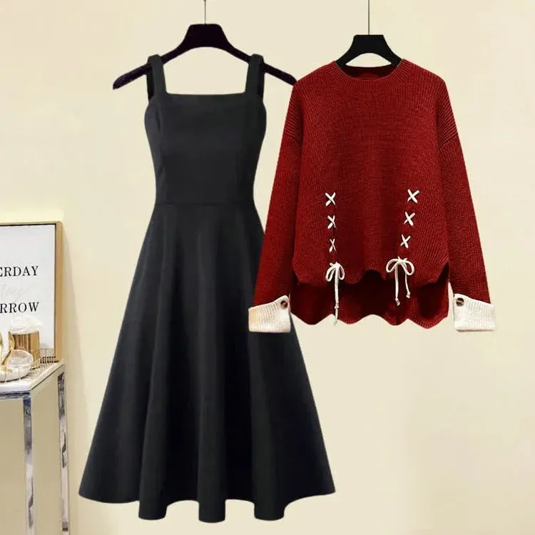 Preppy Round Collar Knit Sweater Slip Dress Two Piece Set Color