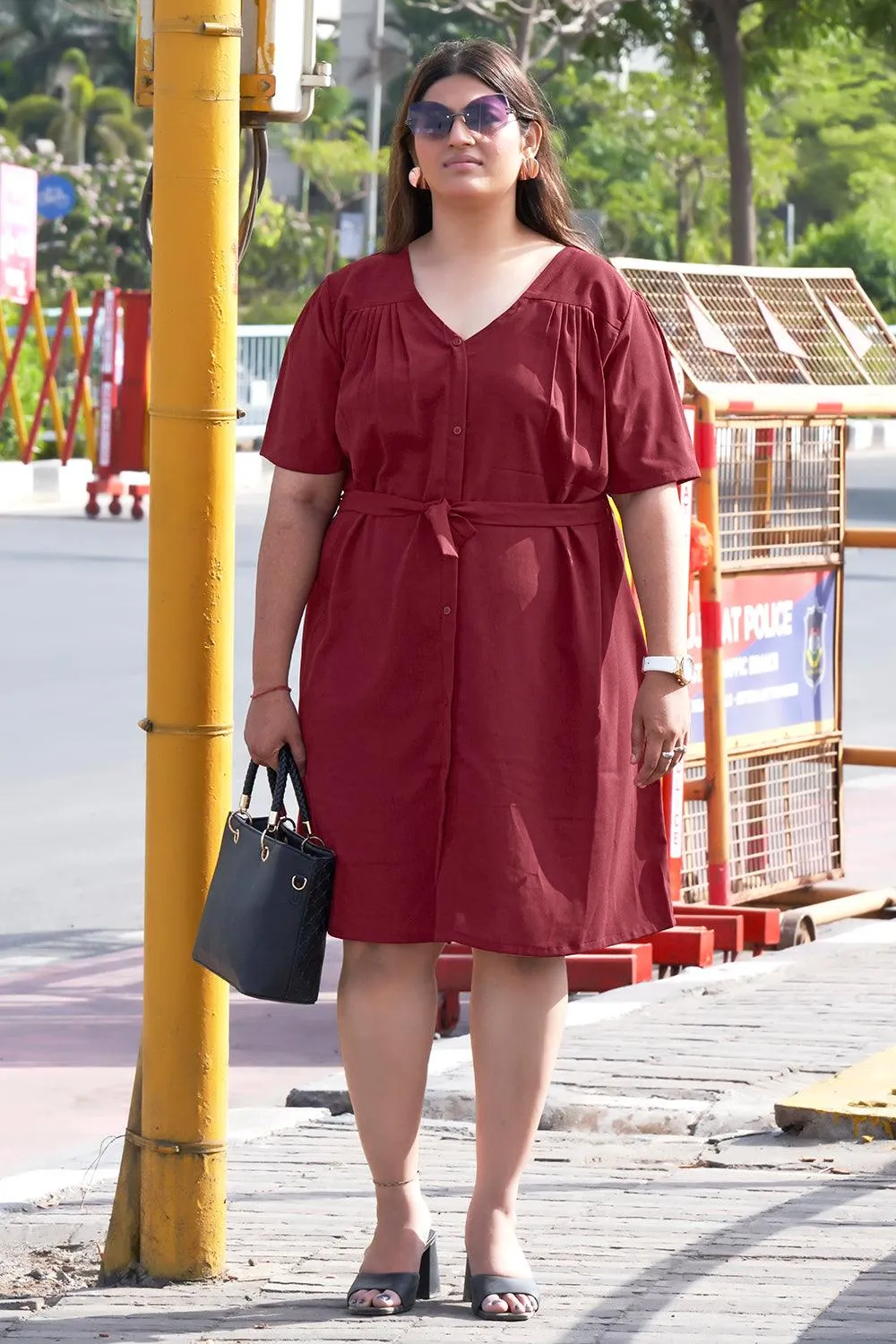 Puff Sleeve Casual Maroon Dress