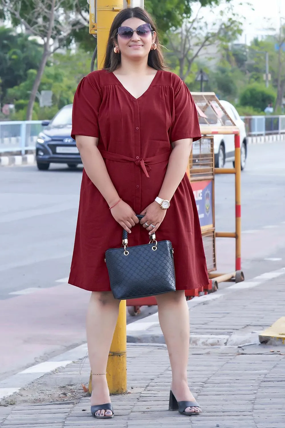 Puff Sleeve Casual Maroon Dress