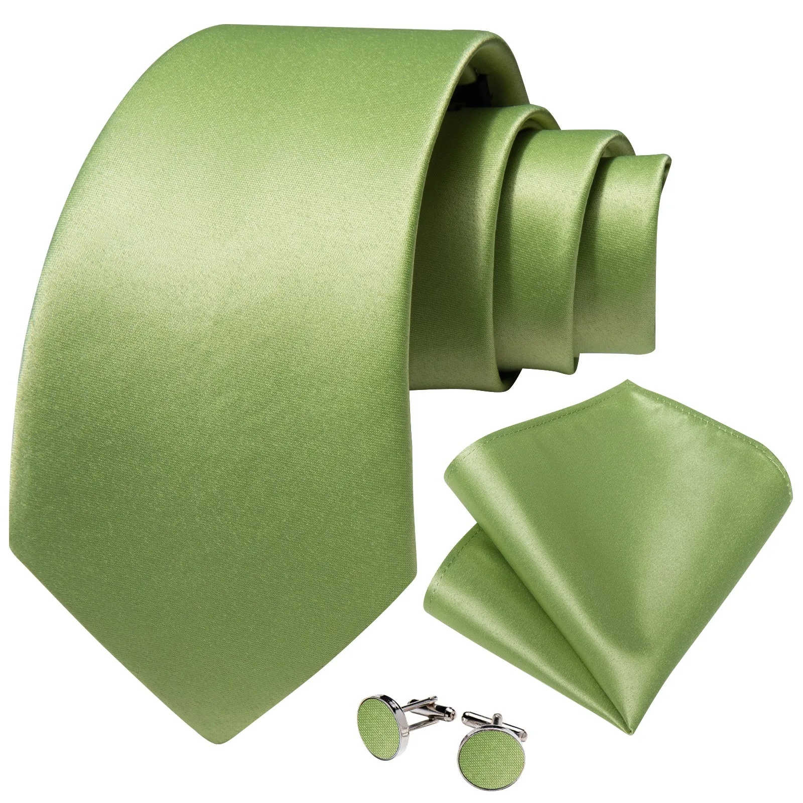 Pure Light Green Solid Silk Men's Necktie Pocket Square Cufflinks Set