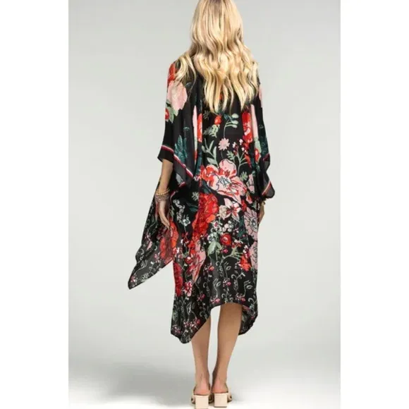 Red Flower Garden Casual One Size Open Wrap Top Coverup Kimono