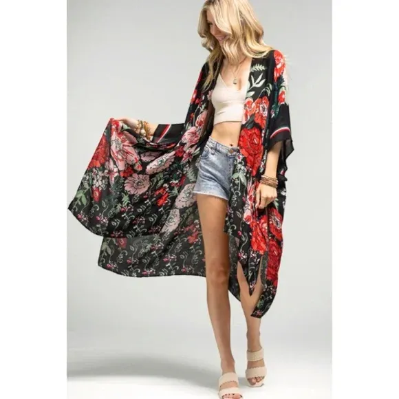 Red Flower Garden Casual One Size Open Wrap Top Coverup Kimono