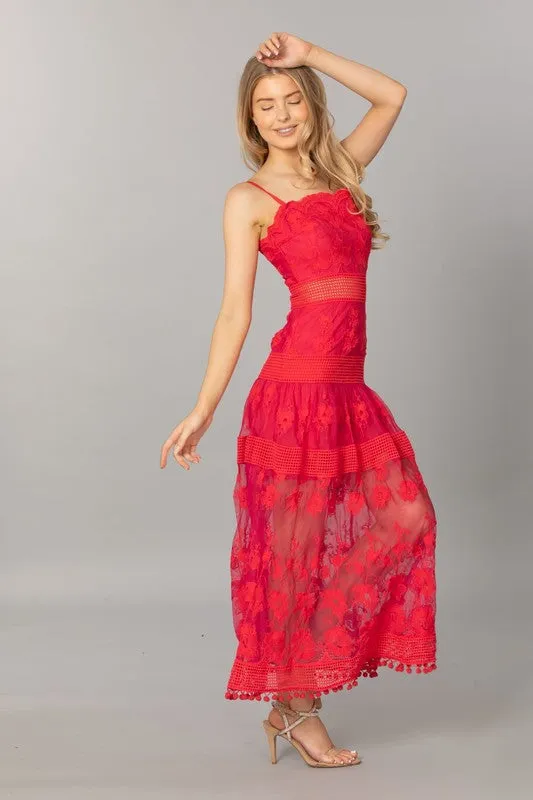 Red  Strap Sleeveless Lace Long Slip