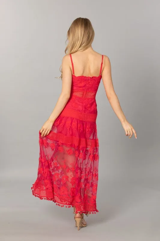 Red  Strap Sleeveless Lace Long Slip