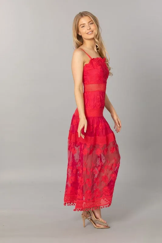 Red  Strap Sleeveless Lace Long Slip