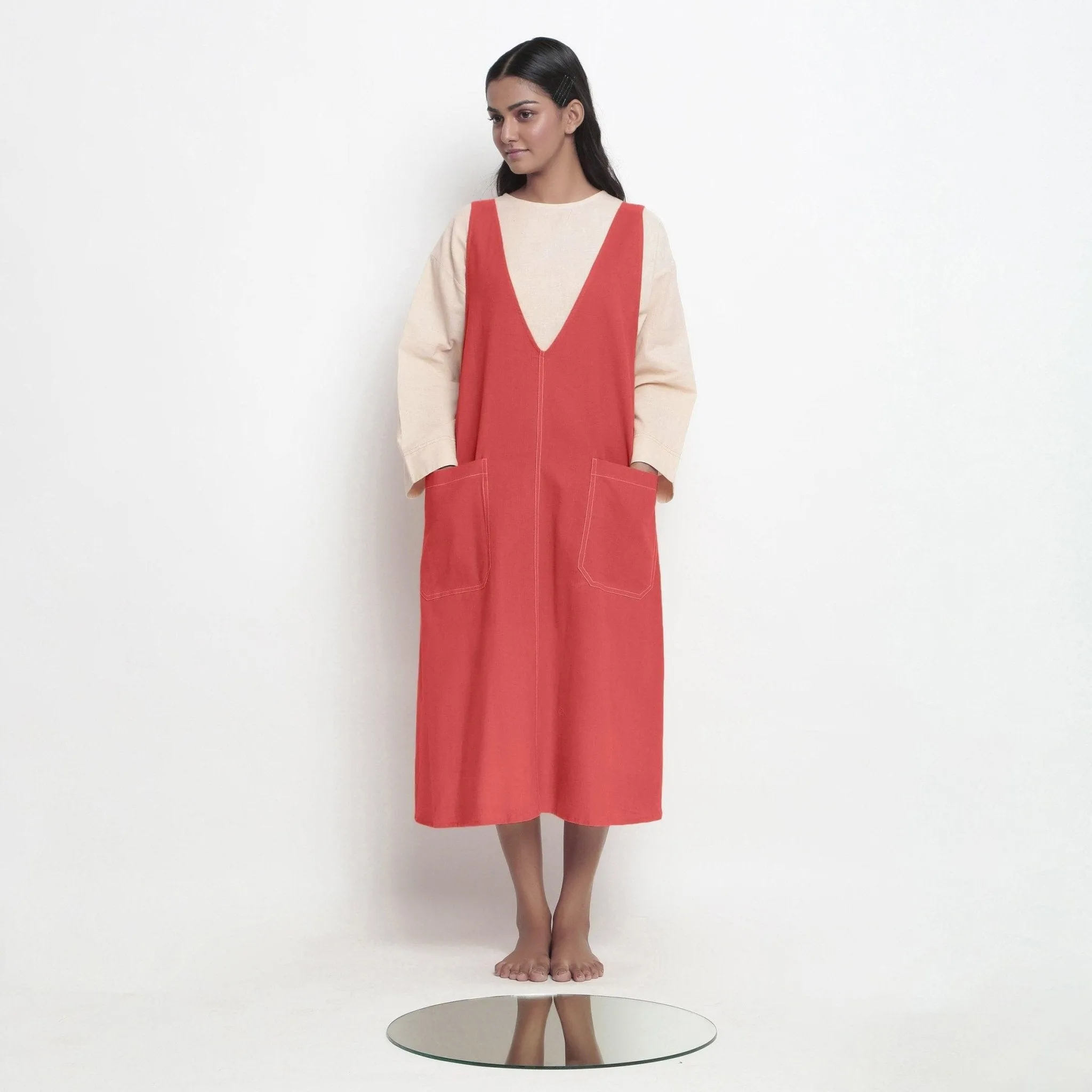 Red Vegetable Dyed Handspun Cotton Paneled Midi Shift Dress