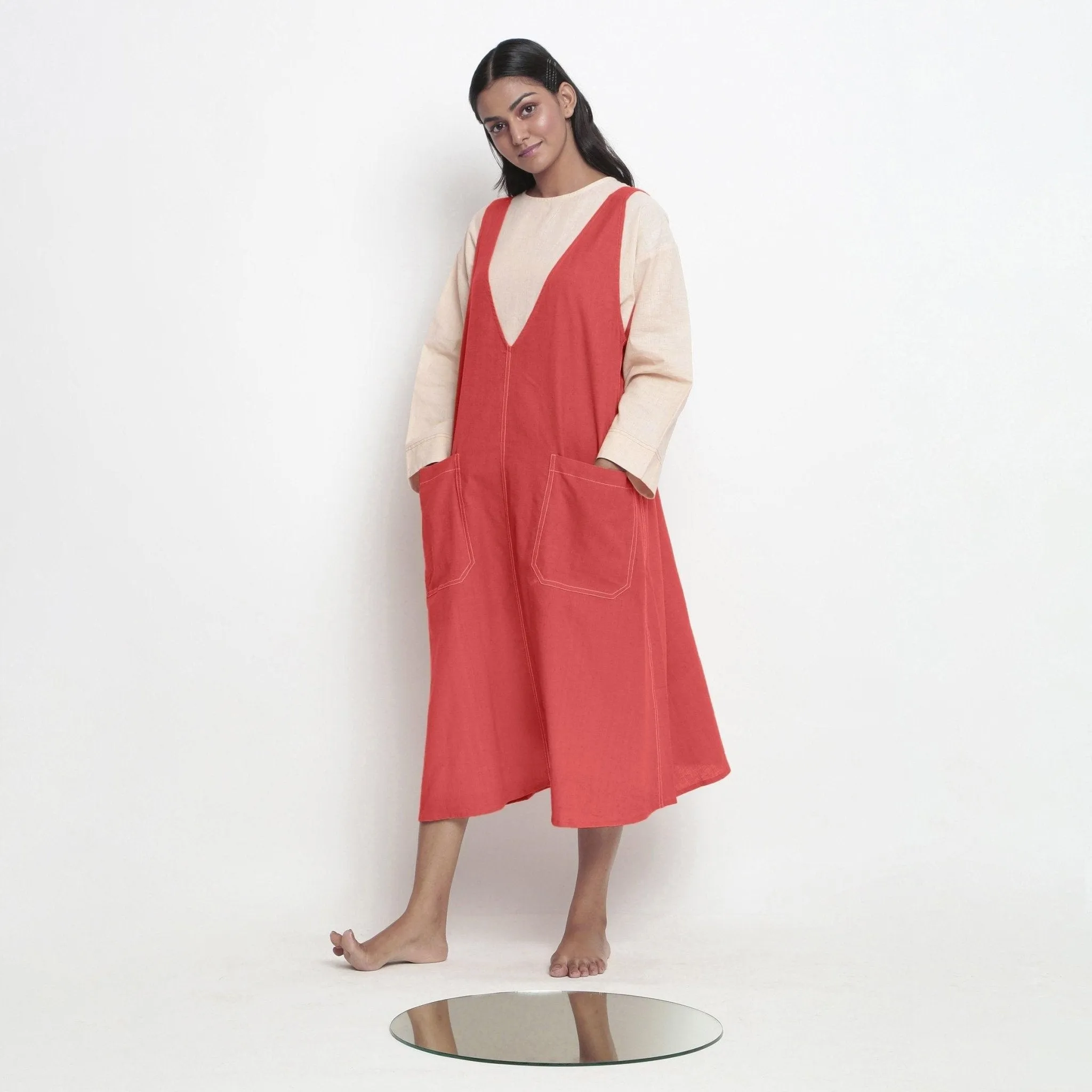 Red Vegetable Dyed Handspun Cotton Paneled Midi Shift Dress