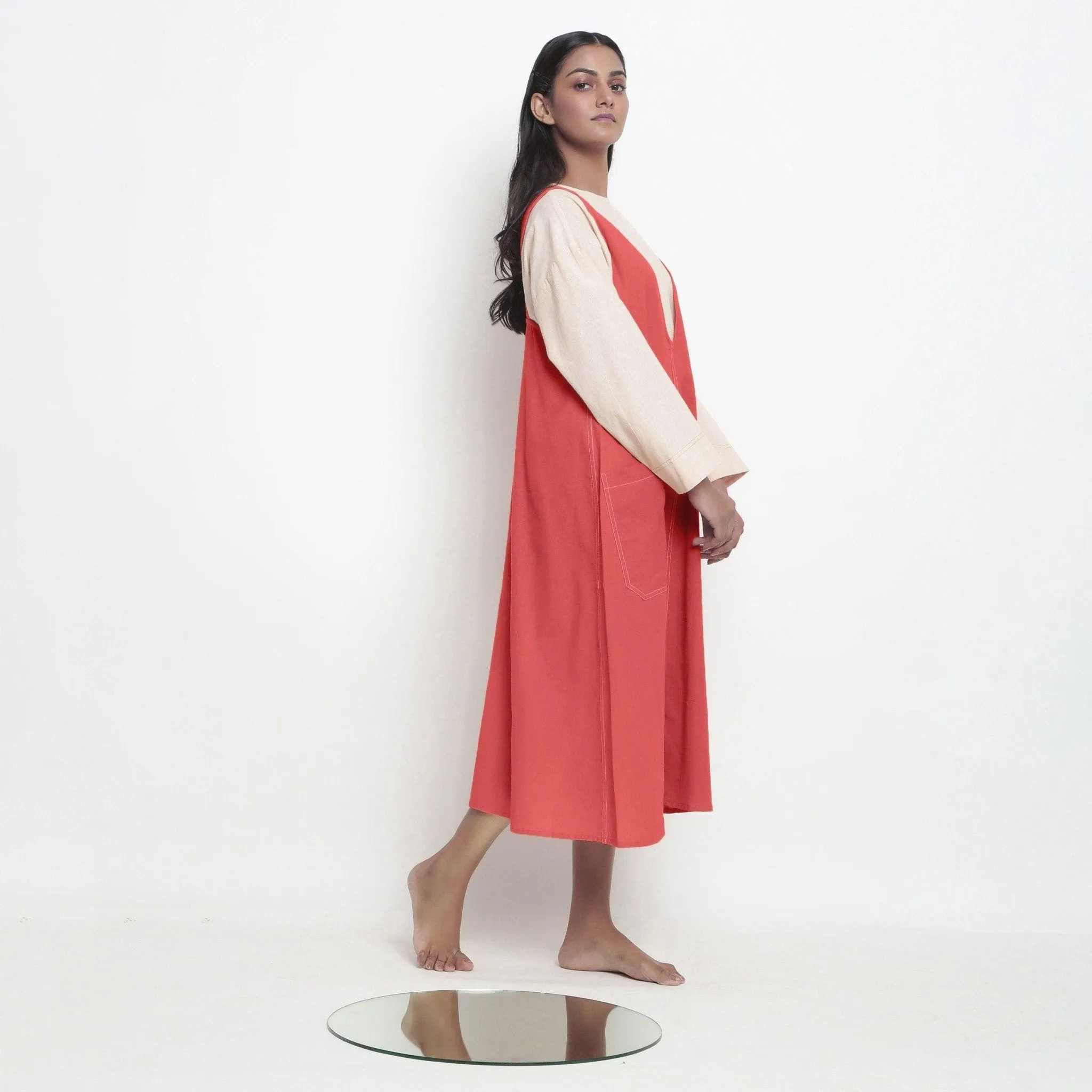 Red Vegetable Dyed Handspun Cotton Paneled Midi Shift Dress