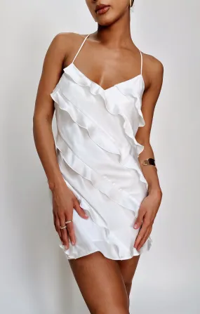 Romance Ruffle Mini Dress ~ Ivory Luxe Satin