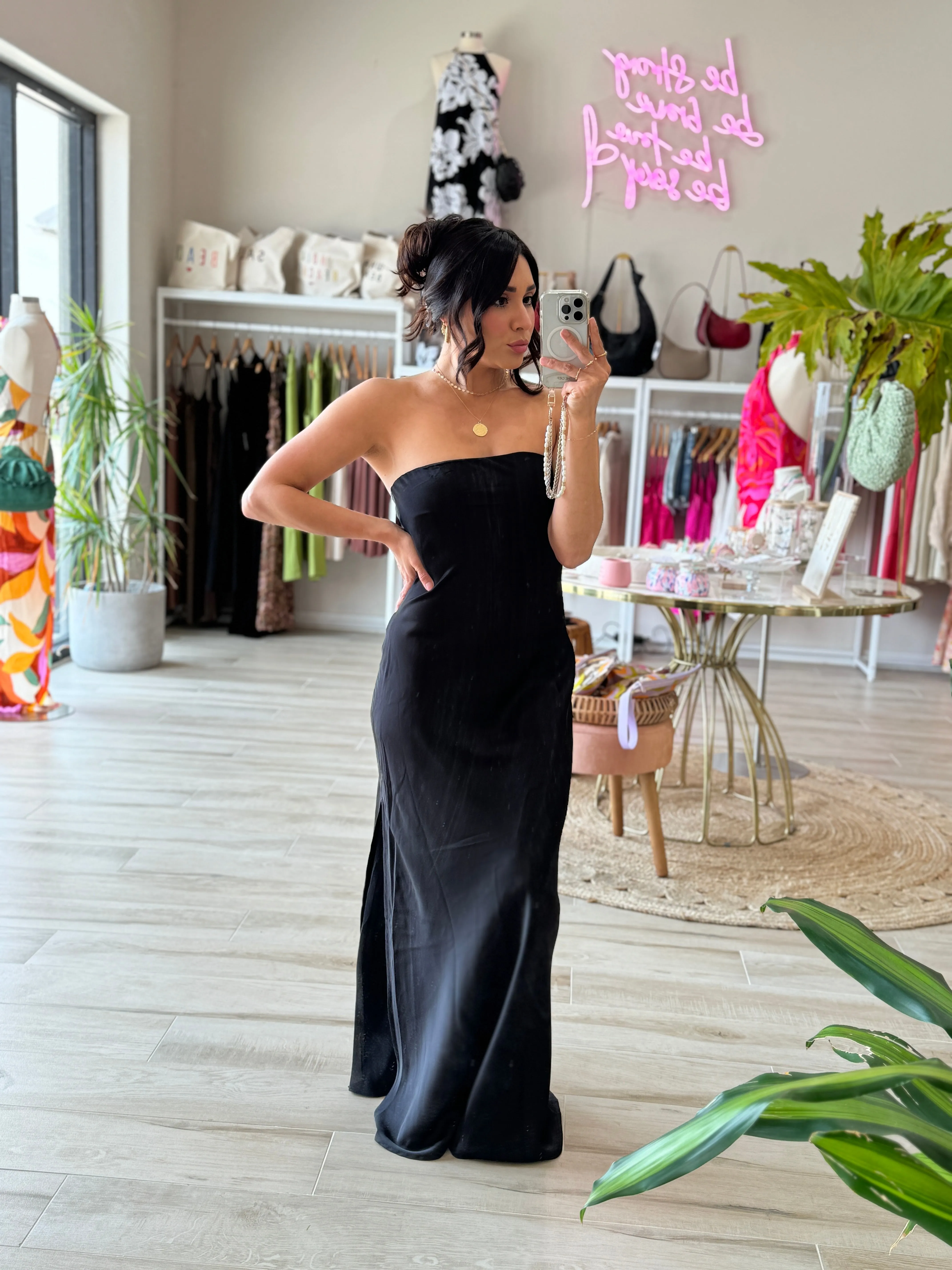 SABLE SATIN SLIP MIDI/MAXI DRESS | NOIR