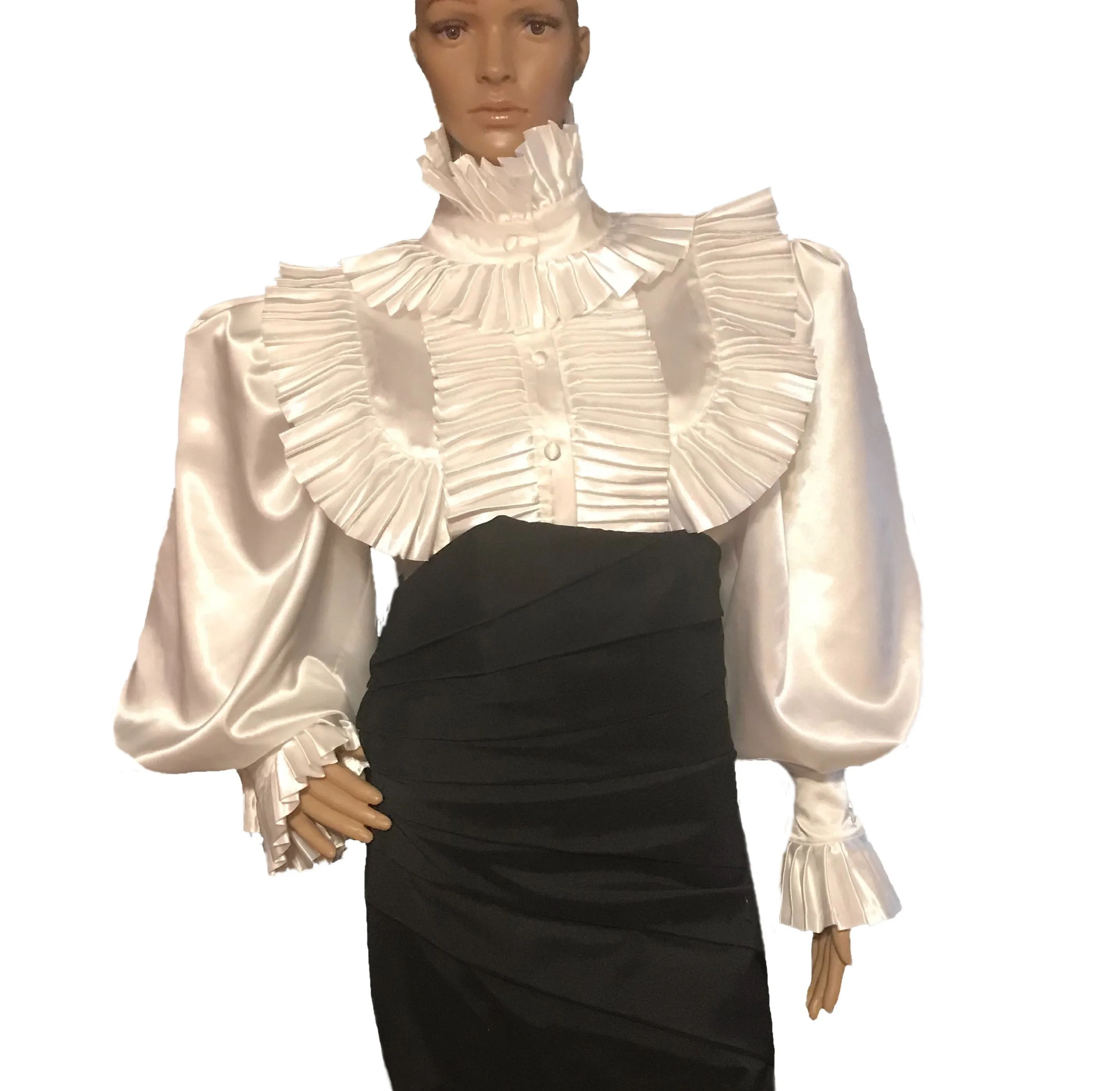 Satin Ruffle High-Neck Blouse