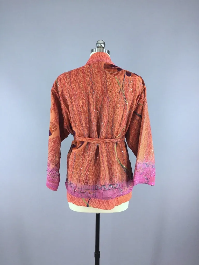 Silk Kimono Cardigan / Vintage Indian Sari / Orange & Purple Floral