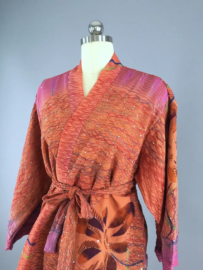 Silk Kimono Cardigan / Vintage Indian Sari / Orange & Purple Floral