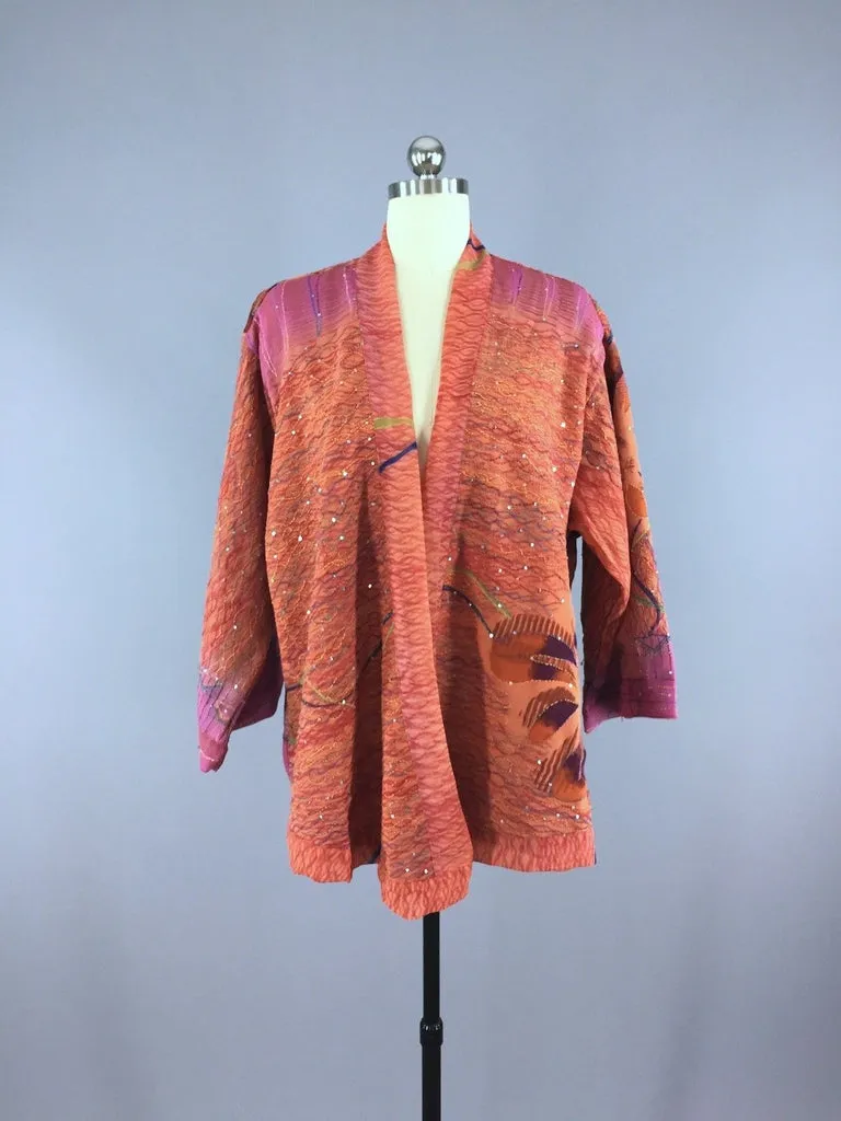 Silk Kimono Cardigan / Vintage Indian Sari / Orange & Purple Floral