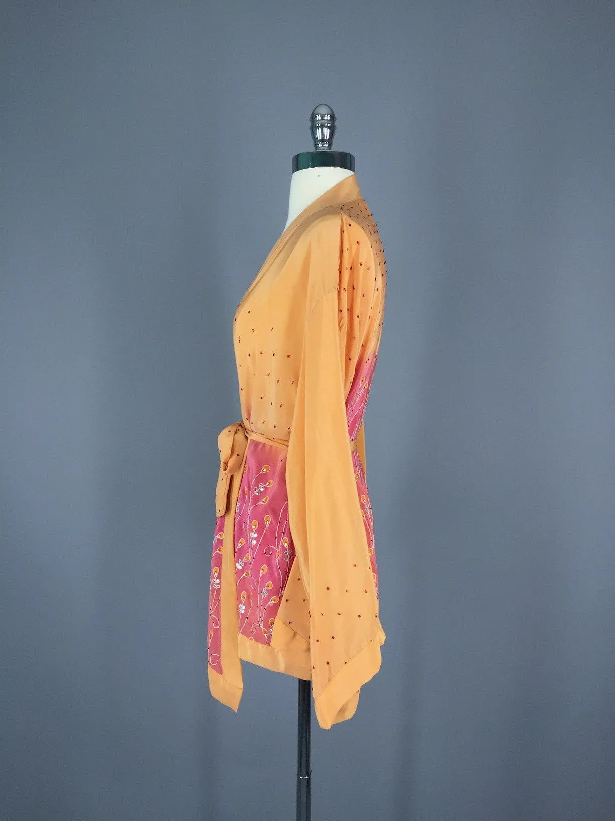 Silk Kimono Jacket / Vintage Indian Sari / Apricot Ombre Silk Sequined Kimono