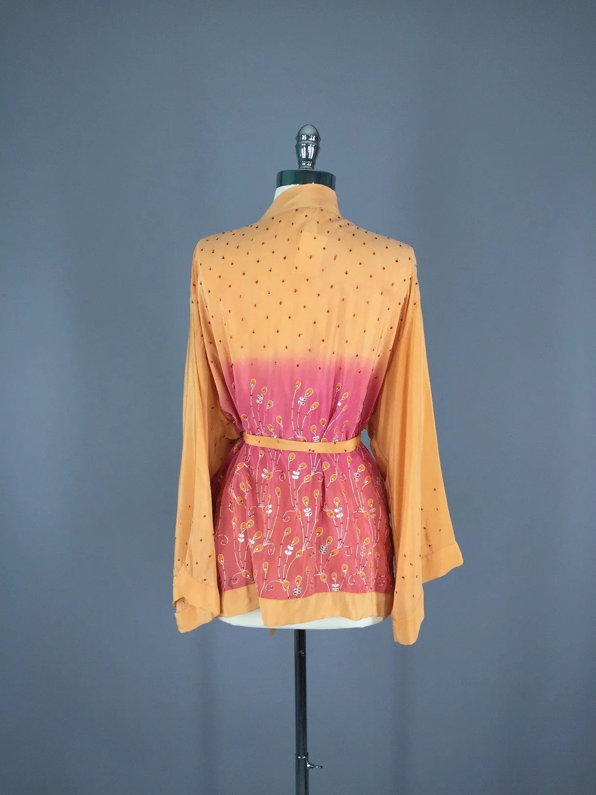 Silk Kimono Jacket / Vintage Indian Sari / Apricot Ombre Silk Sequined Kimono