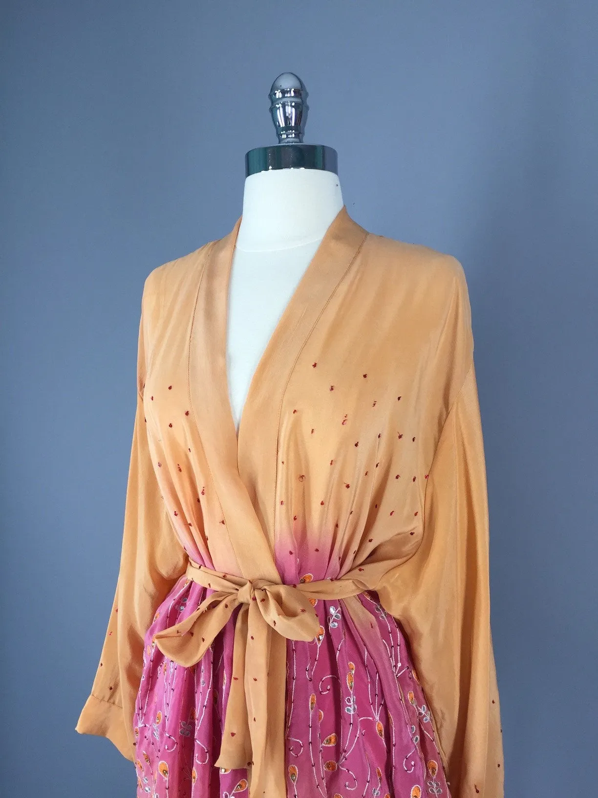 Silk Kimono Jacket / Vintage Indian Sari / Apricot Ombre Silk Sequined Kimono