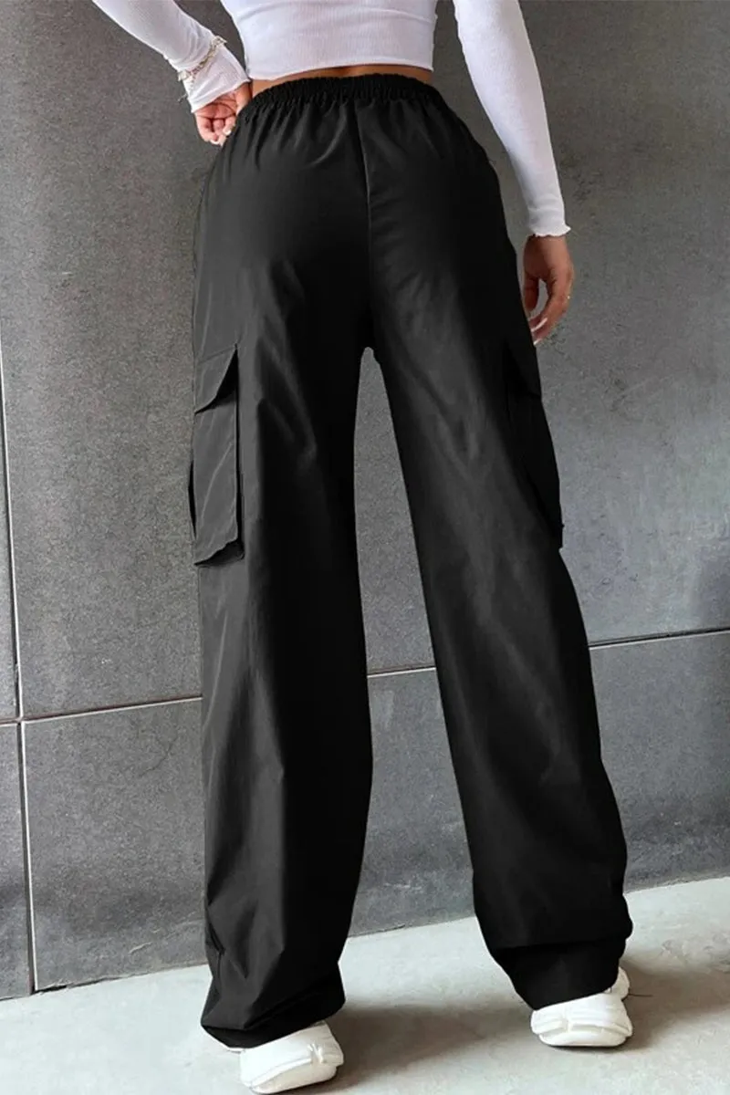 Solid Pocket Loose Mid Waist Straight Solid Color Bottoms