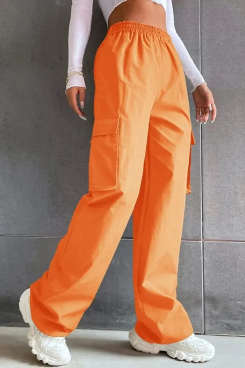 Solid Pocket Loose Mid Waist Straight Solid Color Bottoms