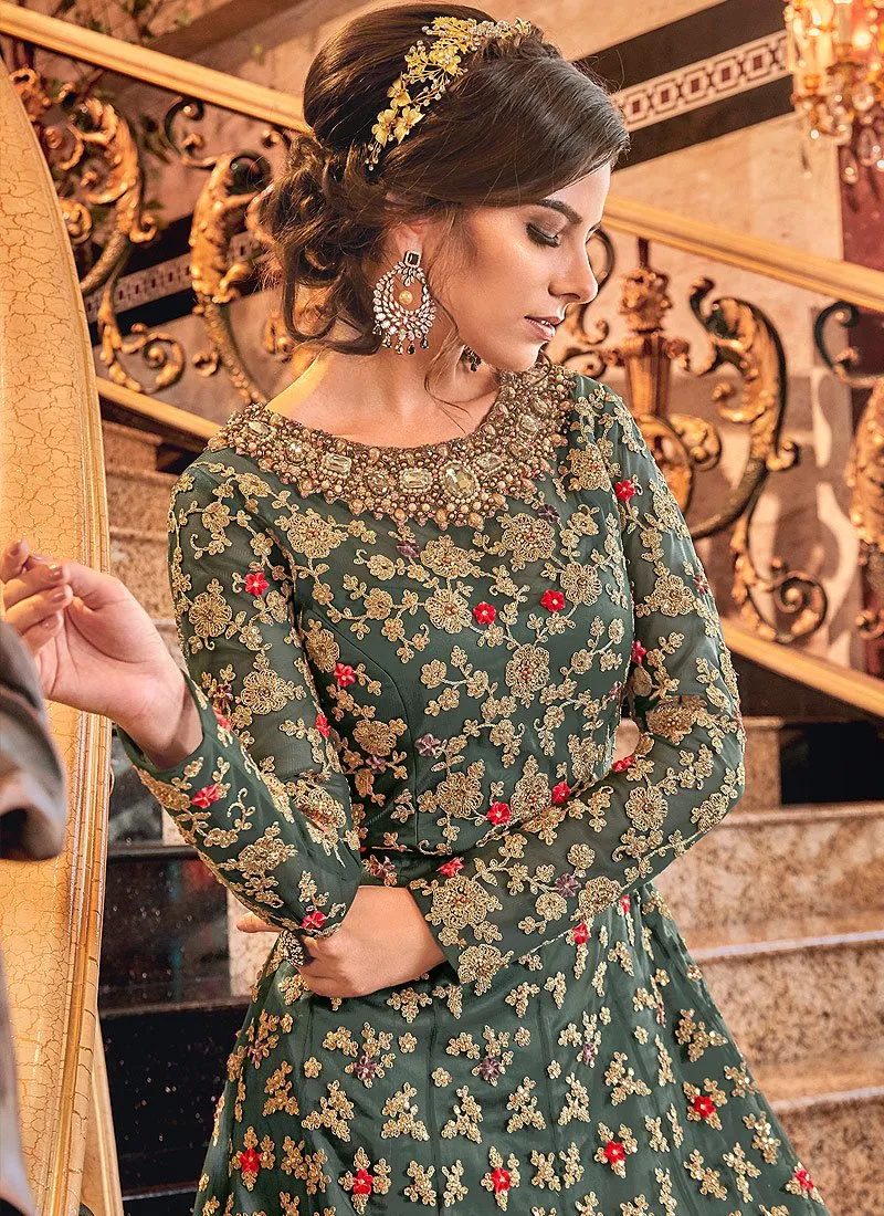 Spectacular Green Designer Net Jacket Anarkali Suit