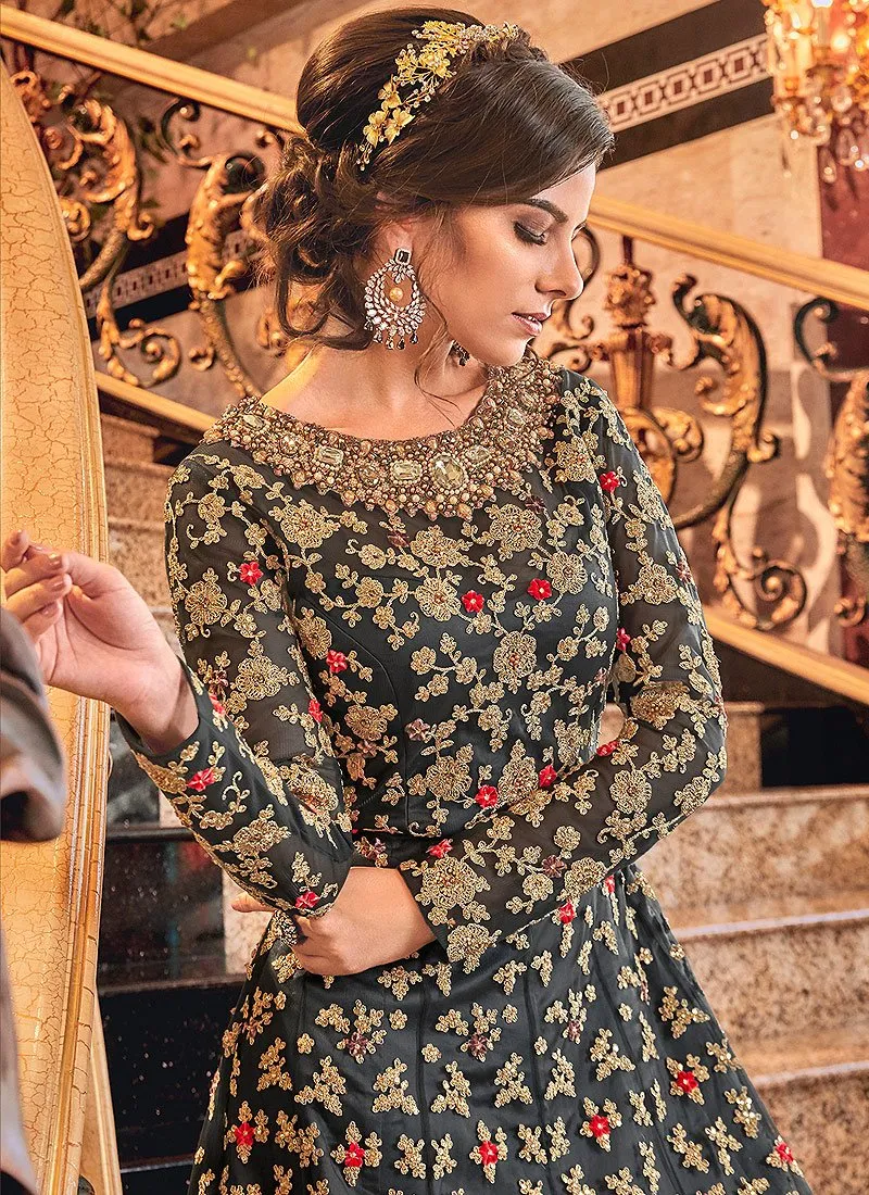 Stunning Grey Designer Net Jacket Anarkali Suit