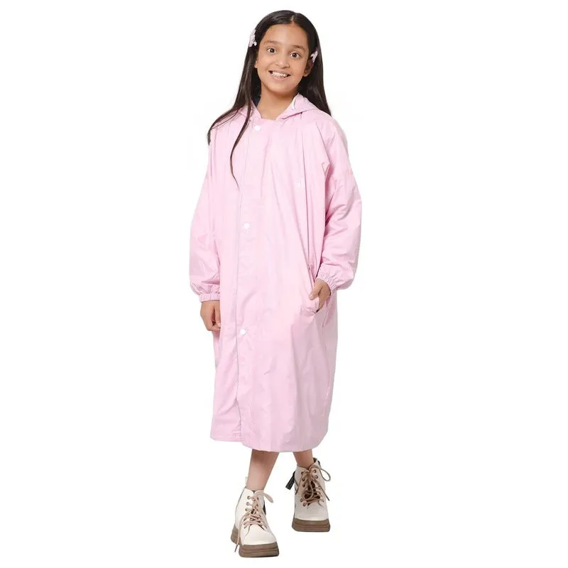 THE CLOWNFISH Cloud Chaser Series Kids Raincoat Waterproof Polyester Double Coating Reversible Longcoat with Hood and Reflector Logo at Back. Printed Plastic Pouch. Kid Age-5-6 years (Blush Pink)