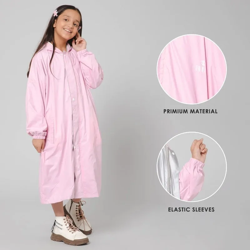 THE CLOWNFISH Cloud Chaser Series Kids Raincoat Waterproof Polyester Double Coating Reversible Longcoat with Hood and Reflector Logo at Back. Printed Plastic Pouch. Kid Age-5-6 years (Blush Pink)