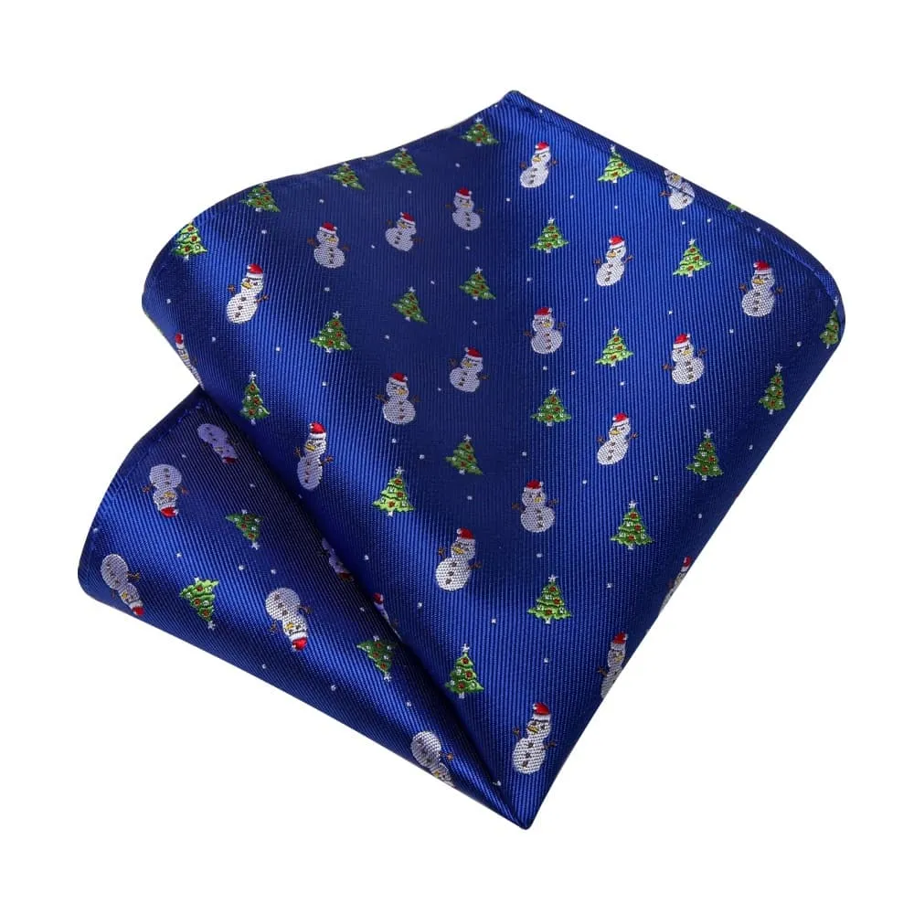 Ties2you Blue Christmas Tree Snowman Necktie Pocket Square Cufflinks Set