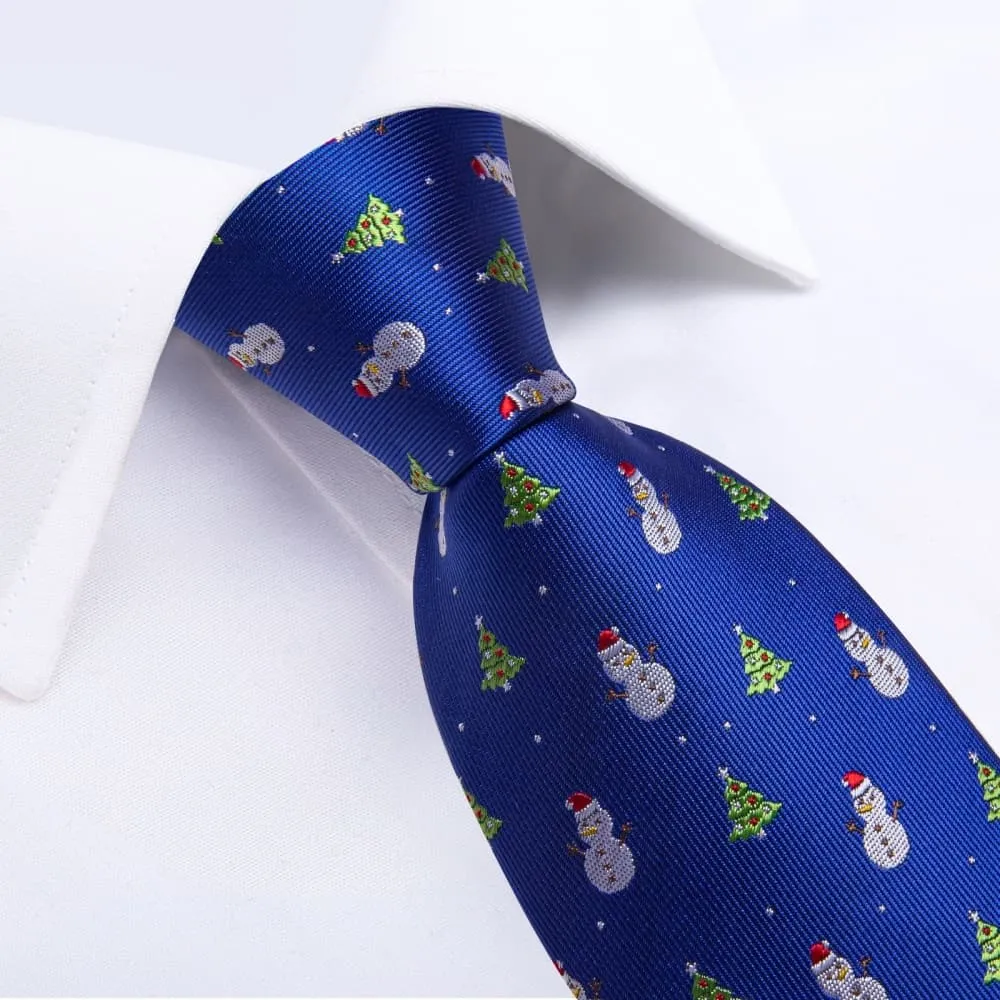 Ties2you Blue Christmas Tree Snowman Necktie Pocket Square Cufflinks Set