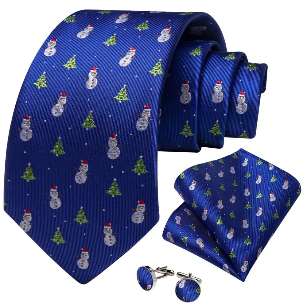 Ties2you Blue Christmas Tree Snowman Necktie Pocket Square Cufflinks Set