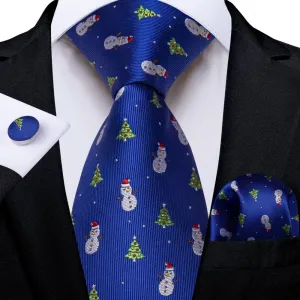 Ties2you Blue Christmas Tree Snowman Necktie Pocket Square Cufflinks Set