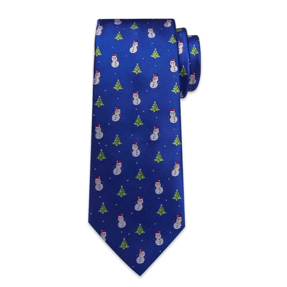 Ties2you Blue Christmas Tree Snowman Necktie Pocket Square Cufflinks Set